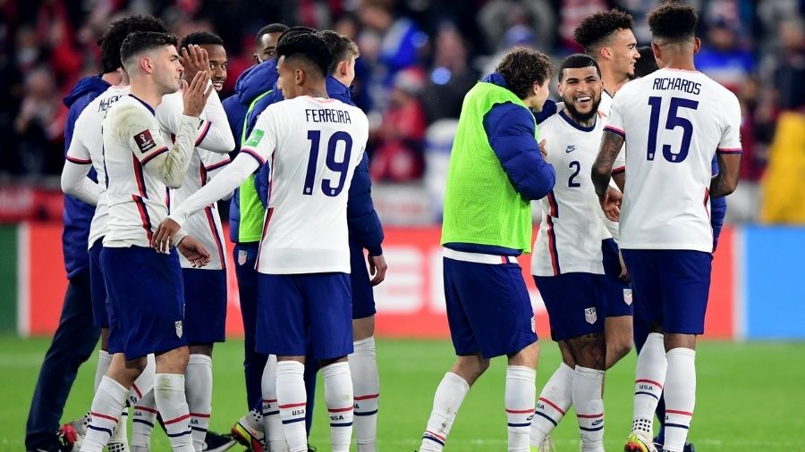 The United States celebrate after a 2-0 win over Mexico during a FIFA World Cup 2022 qualifying mat...