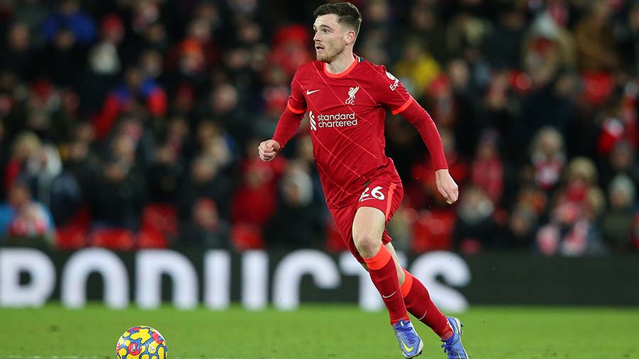 LIVERPOOL, ENGLAND - NOVEMBER 27: Andrew Robertson of Liverpool runs with the ball during the Premi...