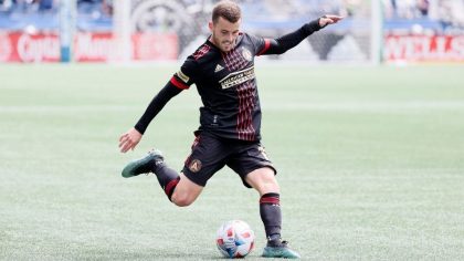 Brooks Lennon #11 of Atlanta United passes the ball against the Seattle Sounders during the second ...