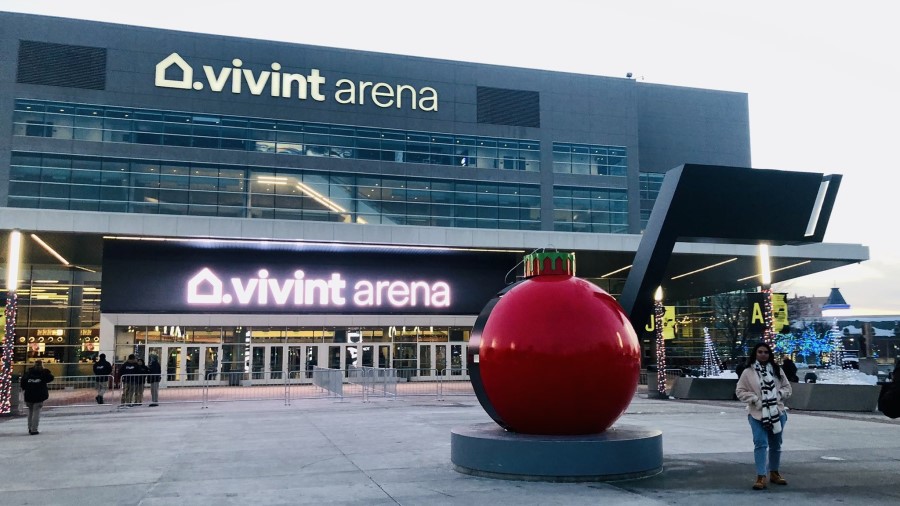 Utah Jazz home Vivint Arena with a Christmas Ornament statue (Photo: Ben Anderson/KSL Sports)...