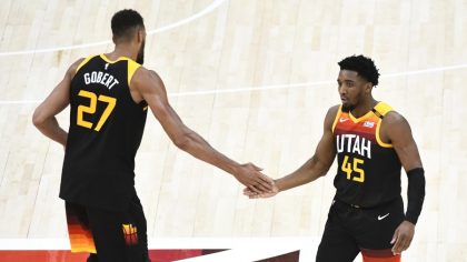 Utah Jazz All-Stars Rudy Gobert and Donovan Mitchell (Photo by Alex Goodlett/Getty Images)...