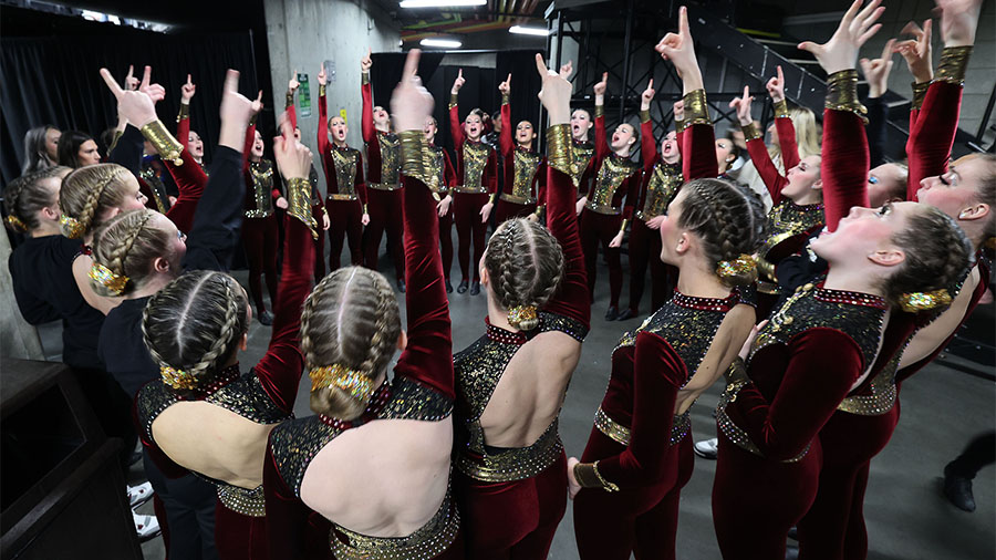 Maple Mountain High cheer before competing in the 5A drill team state championship at Utah Valley U...