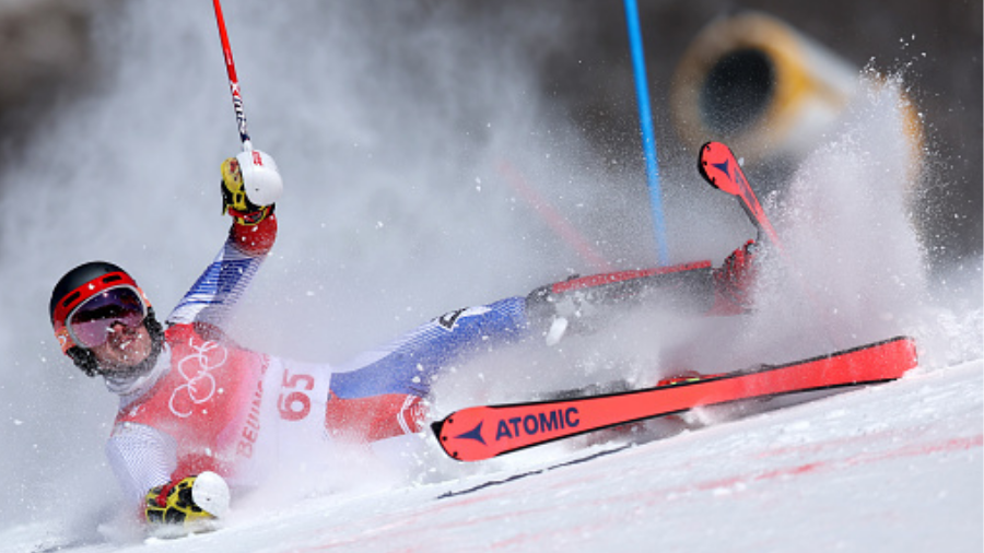 YANQING, CHINA - FEBRUARY 16: Asa Miller of Team Philippines crashes during the Men's Slalom Run 1 ...