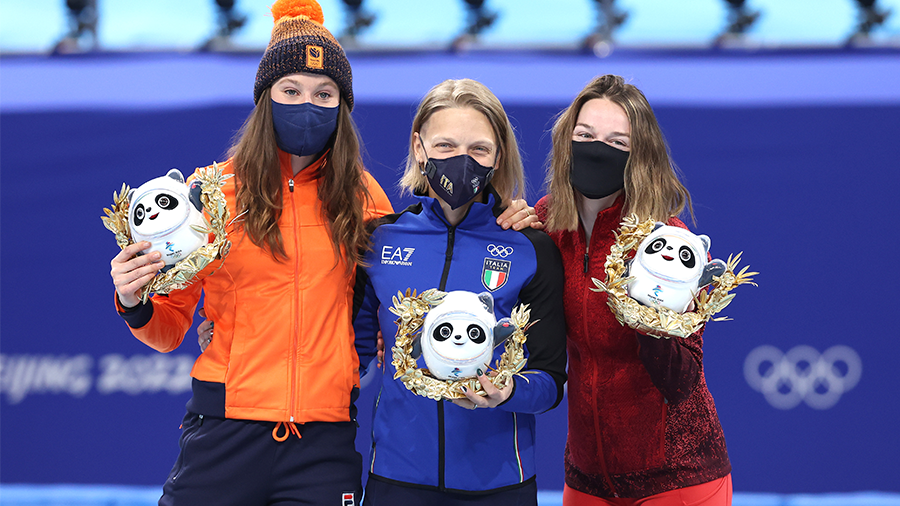 BEIJING, CHINA - FEBRUARY 07: Gold medallist Arianna Fontana of Team Italy (C), Silver medallist Su...