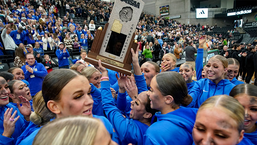 Members of the Bingham drill team celebrates after they win the 6A state championships at UCCU Cent...