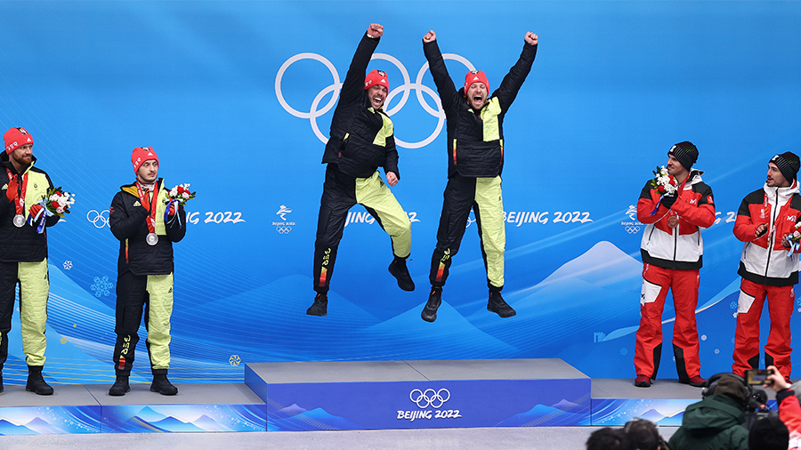 YANQING, CHINA - FEBRUARY 09: Tobias Wendl and Tobias Arlt of Team Germany react after winning the ...