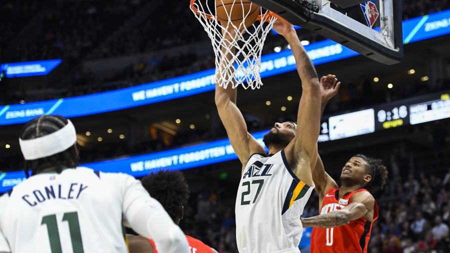 utah Jazz Rudy Gobert dunks against the Houston Rockets (Photo by Alex Goodlett/Getty Images)...