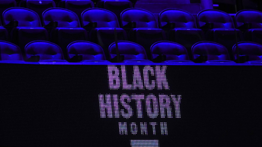 NBA video board showing Black History Month (Photo by Tim Nwachukwu/Getty Images)...