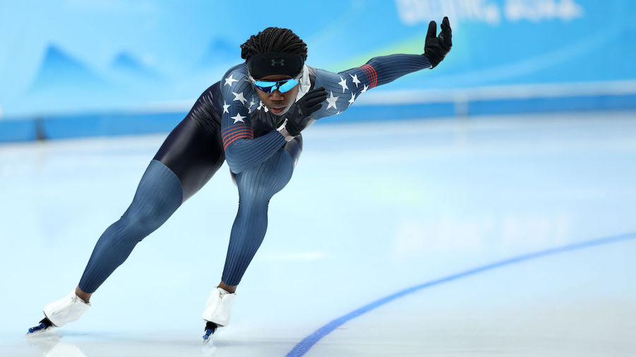 Erin Jackson of Team United States skates during a speed skating practice session ahead of the Beij...