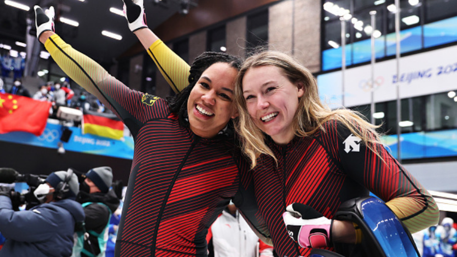 YANQING, CHINA - FEBRUARY 19: Gold medal winners Laura Nolte and Deborah Levi of Team Germany celeb...
