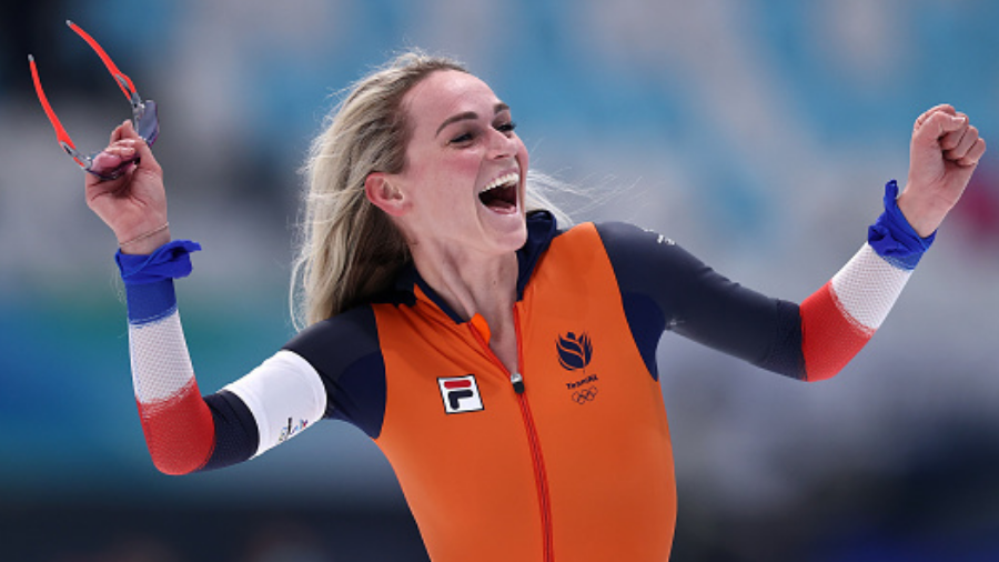 BEIJING, CHINA - FEBRUARY 10: Irene Schouten of Team Netherlands celebrates after winning the Gold ...