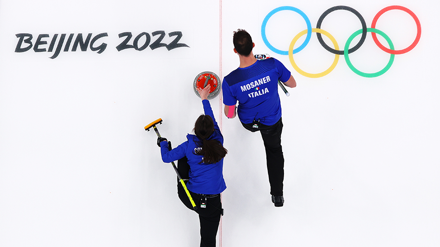 BEIJING, CHINA - FEBRUARY 08: Amos Mosaner and Stefania Constantini of Team Italy compete against T...