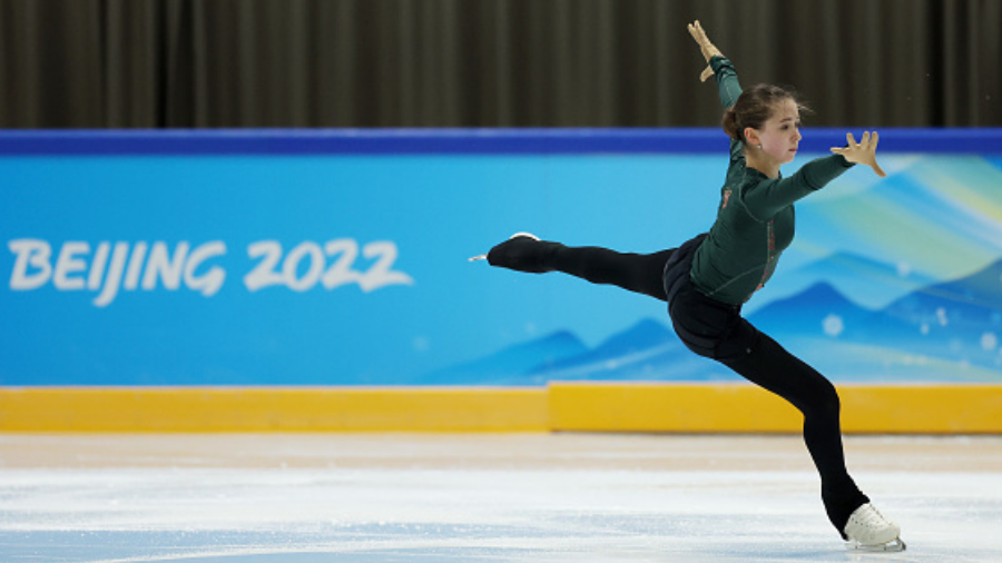 BEIJING, CHINA - FEBRUARY 12: Kamila Valieva of Team ROC skates during a figure skating training se...