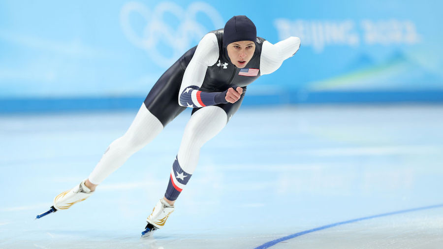 Brittany Bowe of Team United States skates during a speed skating practice session ahead of the Bei...