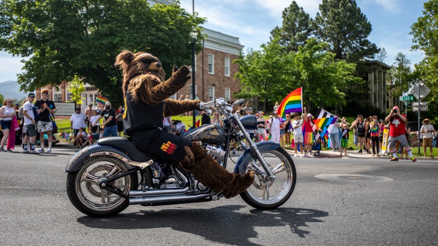 Utah Jazz Bear rides his motorcycle at the Utah Rainbow March (Photo: Annie Barker, Deseret News)...
