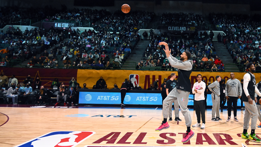 Rudy Gobert shoots a three from half court at the NBA All-Star practice (Photo by Jason Miller/Gett...