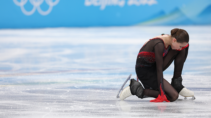 BEIJING, CHINA - FEBRUARY 07: Kamila Valieva of Team ROC reacts during the Women Single Skating Fre...