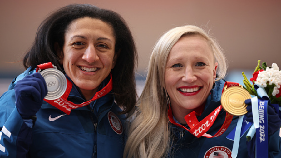 YANQING, CHINA - FEBRUARY 14: (L-R) Silver medallist Elana Meyers Taylor of Team United States and ...