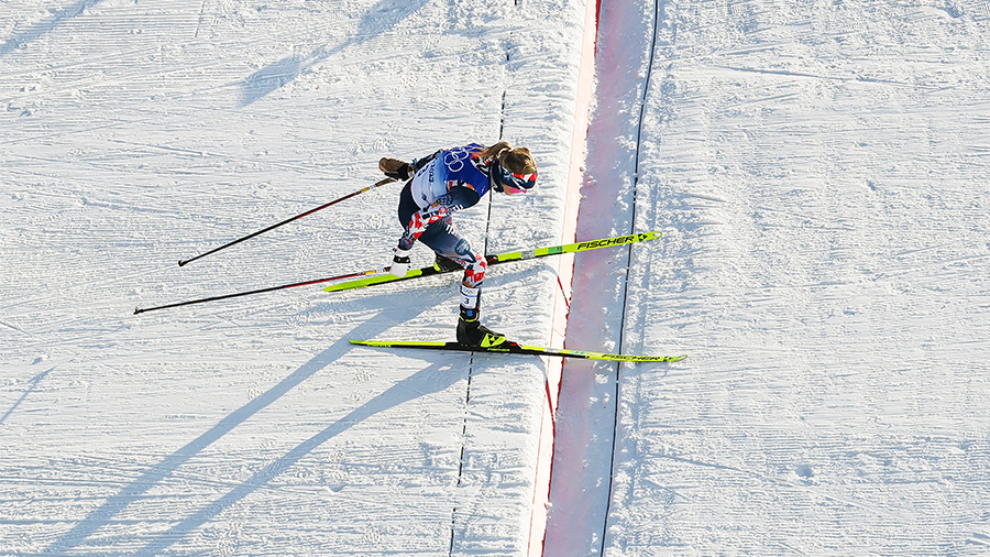 ZHANGJIAKOU, CHINA - FEBRUARY 05: Therese Johaug of Team Norway crosses the finish line to win the ...
