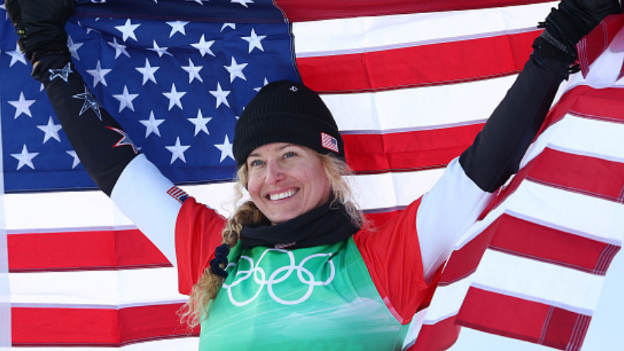 ZHANGJIAKOU, CHINA - FEBRUARY 09: Gold medallist Lindsey Jacobellis of Team United States poses dur...