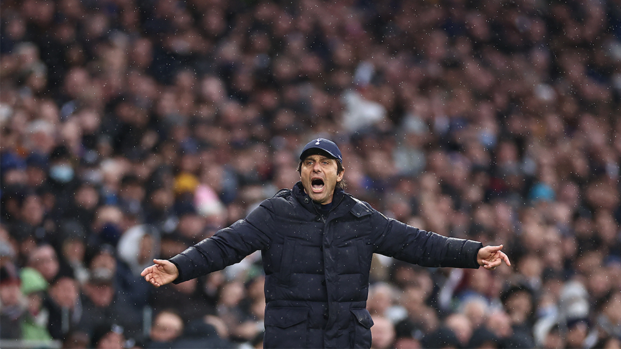 LONDON, ENGLAND - FEBRUARY 13: Antonio Conte, Manager of Tottenham Hotspur reacts during the Premie...