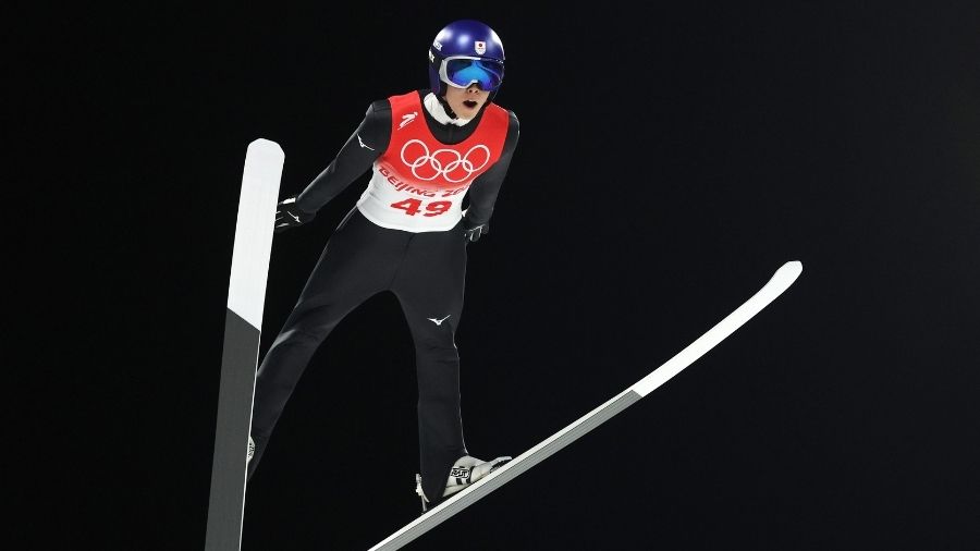 Ryoyu Kobayashi of Team Japan jumps during Men's Normal Hill Individual First Round at National Ski...