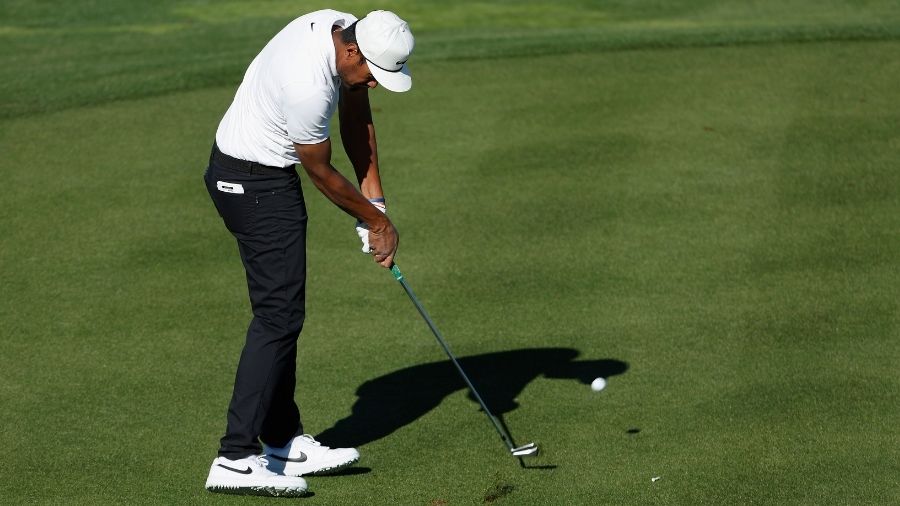 Tony Finau of the United States plays a tee shot on the sixth hole during practice rounds prior to ...