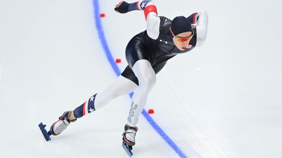 Jordan Stolz of Team United States skates during the Men's 500m on day eight of the Beijing 2022 Wi...