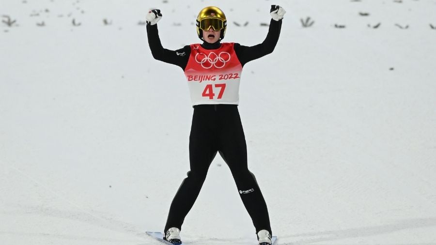 Marius Lindvik of Team Norway celebrates during the Men's Large Hill Individual Final Round on Day ...