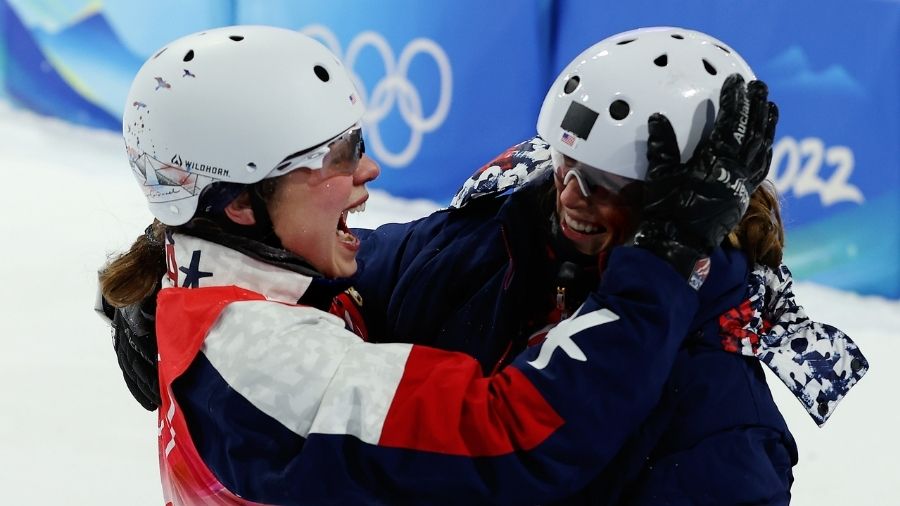 Megan Nick (R) of Team United States reacts with teammate Ashley Caldwell after winning the bronze ...