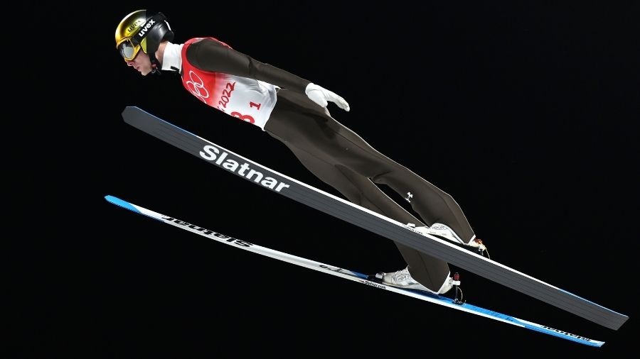 Lovro Kos of Team Slovenia competes during the Men's Team Ski jumping first Round For Competition o...