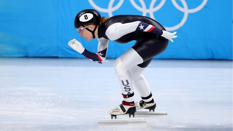 Kristen Santos of Team United States competes in the Women's 1000m Heats on day five of the Beijing...