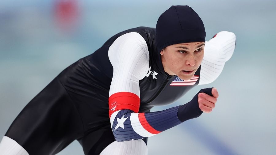 Brittany Bowe of Team United States skates during the Women's 1000m on day thirteen of the Beijing ...