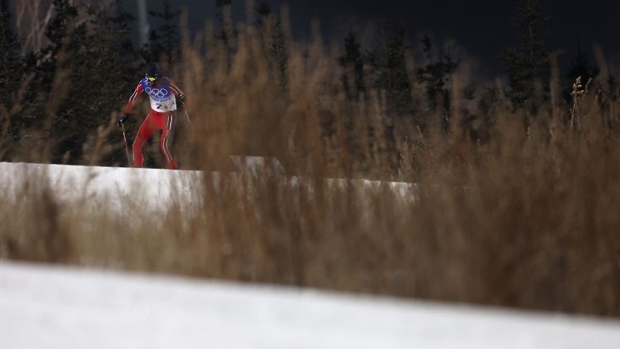 Joergen Graabak of Team Norway celebrates after winning the Gold medal during the Large Hill/4x5km,...