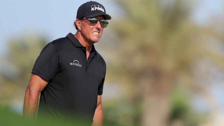 Phil Mickelson of the United States looks down the 17th hole during day two of the PIF Saudi Intern...