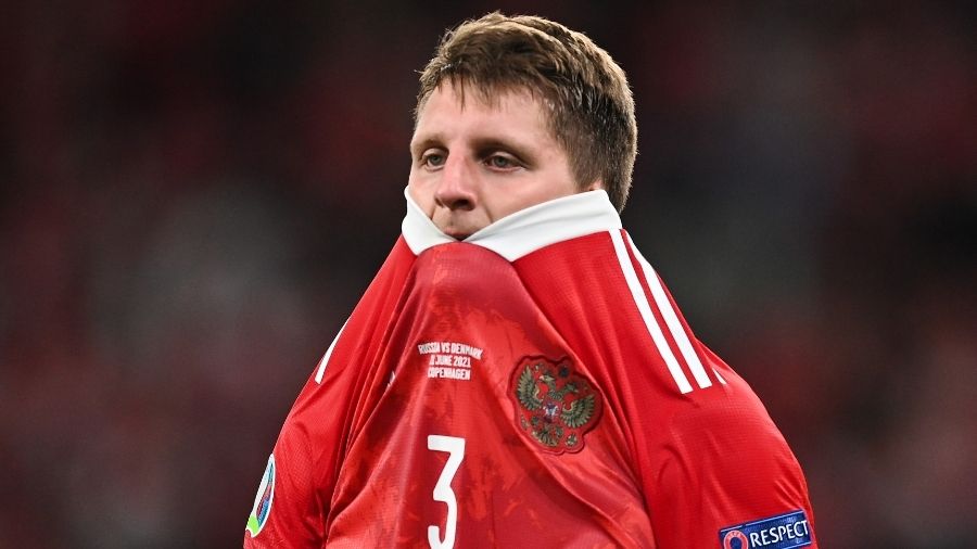 Igor Diveev of Russia looks dejected following defeat in the UEFA Euro 2020 Championship Group B ma...