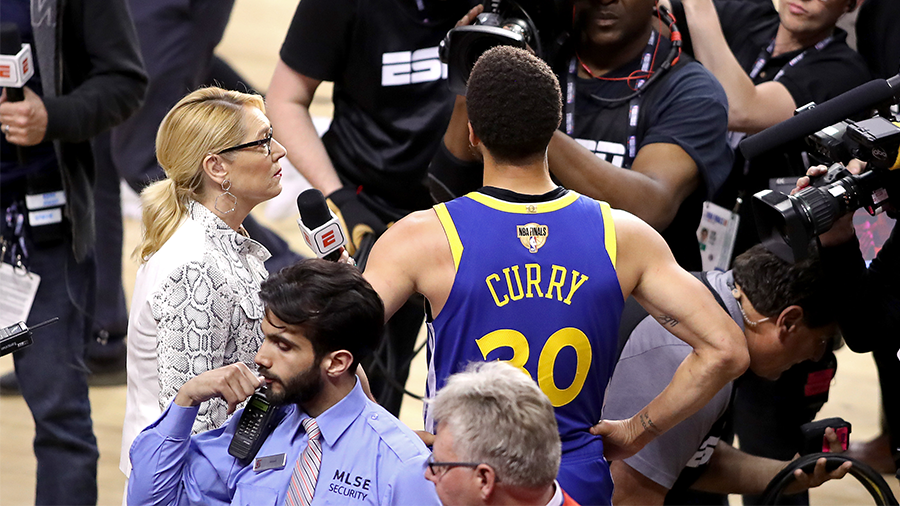 TORONTO, ONTARIO - JUNE 10: Stephen Curry #30 of the Golden State Warriors is interviewed by Doris ...