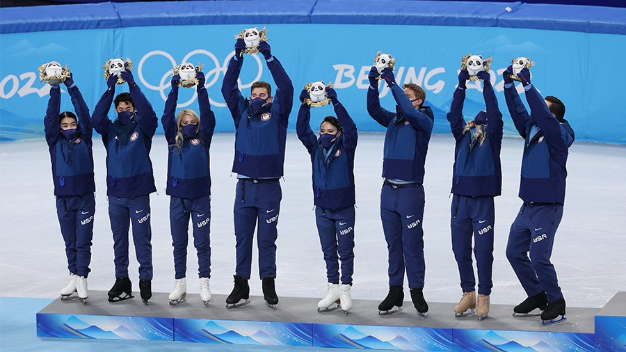 BEIJING, CHINA - FEBRUARY 07: Silver medalists Team United States celebrate during the Team Event f...