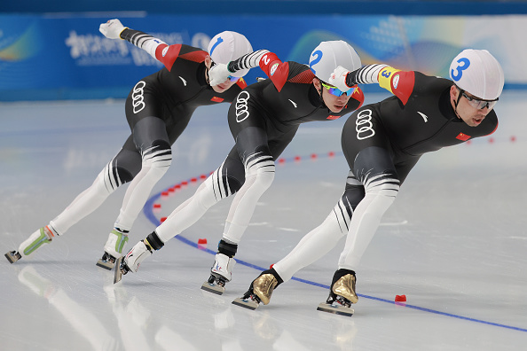 BEIJING, CHINA - APRIL 08:  Skaters compete during the speed skating Men Team Pursuit test event fo...