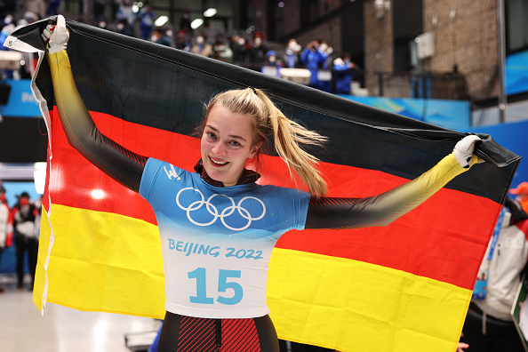 YANQING, CHINA - FEBRUARY 12: Gold medalist Hannah Neise of Team Germany celebrates during the Wome...