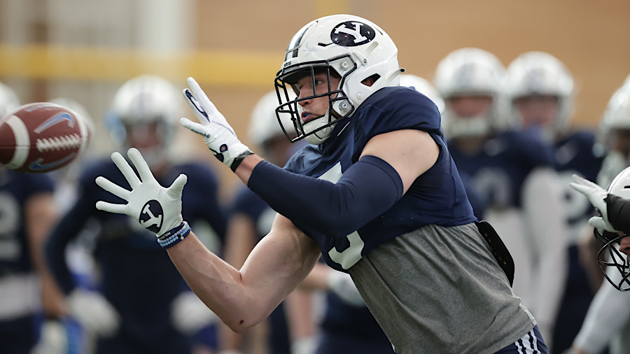 Dallin Holker makes a catch in BYU spring practice...