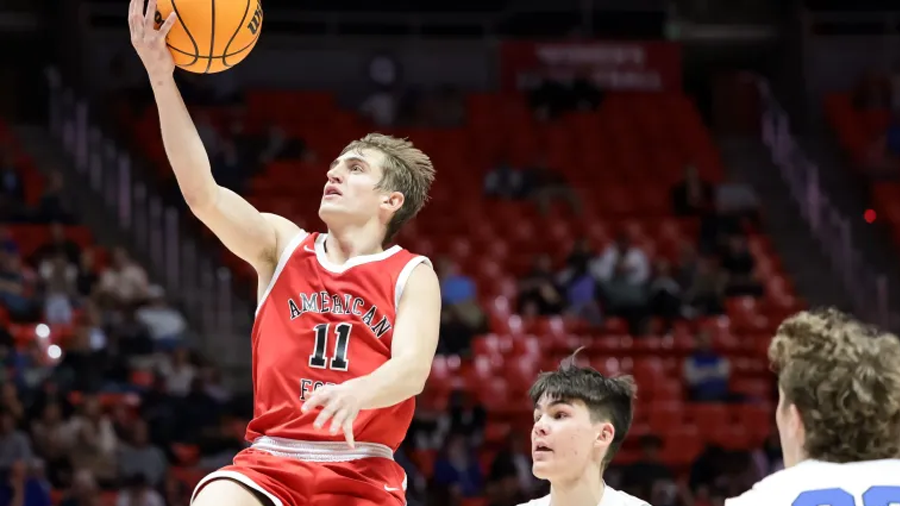 American Fork’s Evan Young goes to the hoop in a 6A high school boys basketball semifinal game ag...