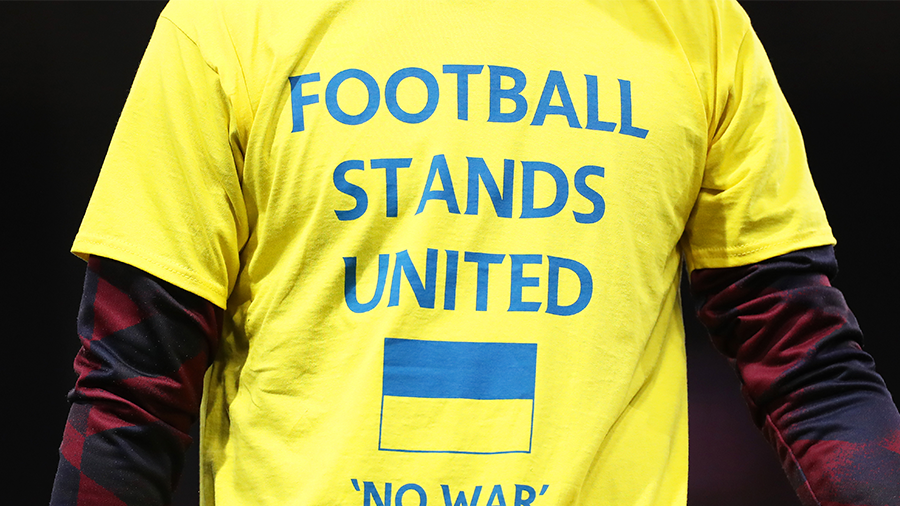 BURNLEY, ENGLAND - MARCH 01: A detailed view of the shirt with a message of support for Ukraine to ...