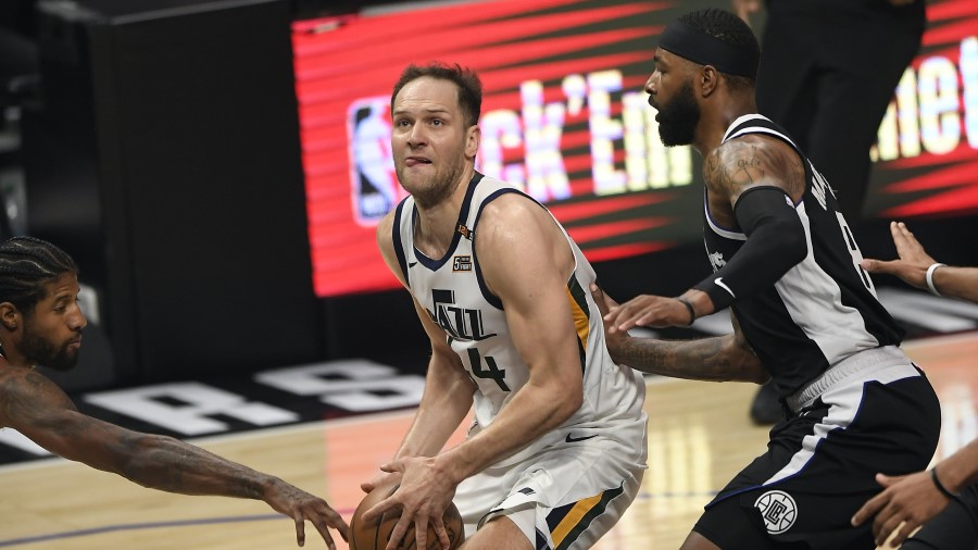 Utah Jazz forward Bojan Bogdanovic attempts a shot against the Los Angeles Clippers (Photo by Kevor...