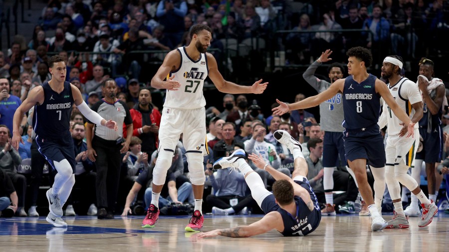 Utah Jazz center Rudy Gobert reacts to a Luka Doncic Flop (Photo by Tom Pennington/Getty Images)...