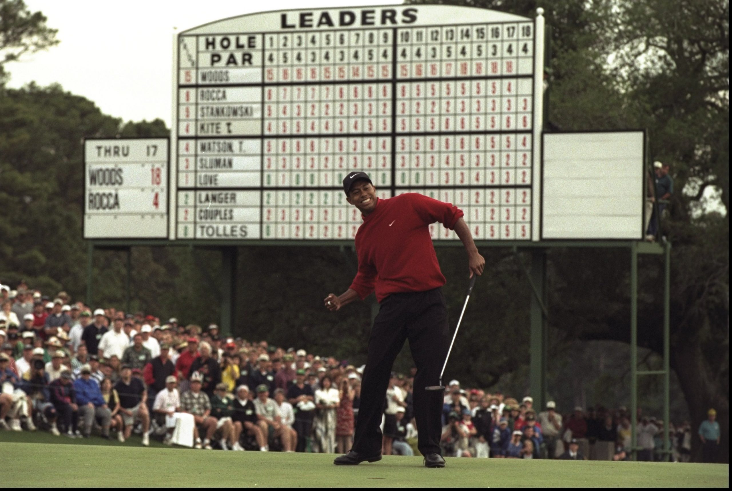 13 Apr 1997: Tiger Woods of the USA celebrates after sinking a 4 feet putt to win the US Masters at...