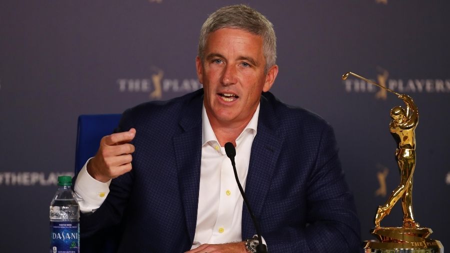 PGA TOUR Commissioner Jay Monahan speaks to the media during a practice round for The PLAYERS Champ...
