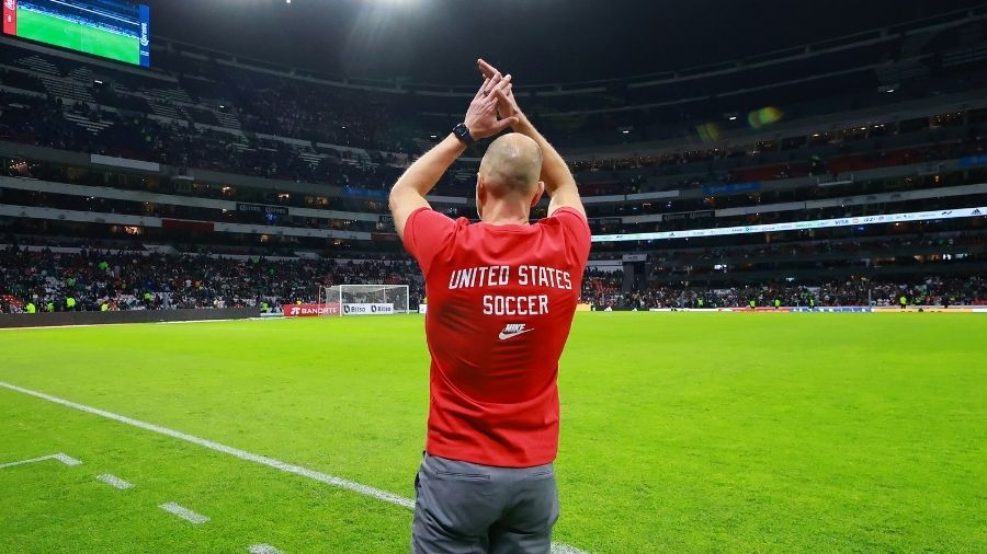 Gregg Berhalter, head coach of United States greets to the fans during the match between Mexico and...