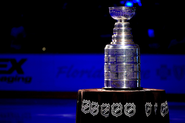 TAMPA, FLORIDA - OCTOBER 12: The Stanley Cup is shown before the first period of a game  between th...