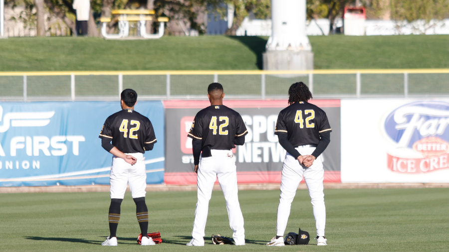 (Left to Right)Bees outfielders Kean Wong, Magneuris Sierra & Dillon Thomas...